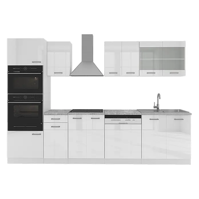Vicco Küchenzeile R-Line Weiß Hochglanz/Weiß mit Hochschrank, ohne Arbeitsplatte - Weiß Hochglanz, Ohne Elektrogeräte - Weiße Hochglanz-Küchenzeile mit integriertem Doppelofen, Kochfeld, Geschirrspüler, Spüle und Dunstabzugshaube.