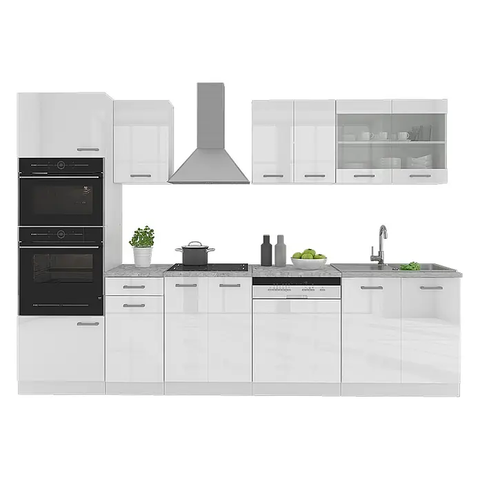 Vicco Küchenzeile R-Line Weiß Hochglanz/Weiß mit Hochschrank, AP Anthrazit - Breite: 300 cm, Weiß Hochglanz, Ohne Elektrogeräte - Moderne weiße Hochglanzküche mit integrierten Öfen, Kochfeld, Geschirrspüler, Spüle und Edelstahl-Dunstabzugshaube.