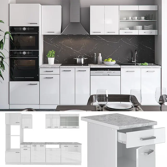 Vicco Küchenzeile R-Line Weiß Hochglanz/Weiß mit Hochschrank, AP Anthrazit - Breite: 300 cm, Weiß Hochglanz, Ohne Elektrogeräte - Weiße Hochglanz-Modulküche mit Arbeitsplatten und Spritzschutz in Marmoroptik, inklusive integrierter Geräte.