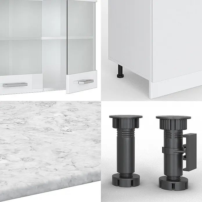 Vicco Küchenzeile R-Line Weiß Hochglanz/Weiß mit Hochschrank, AP Anthrazit - Breite: 300 cm, Weiß Hochglanz, Ohne Elektrogeräte - Weiße Schranktüren mit Glaseinsätzen und silbernen Griffen, eine weiße Marmor-Arbeitsplatte und verstellbare schwarze Möbelfüße.