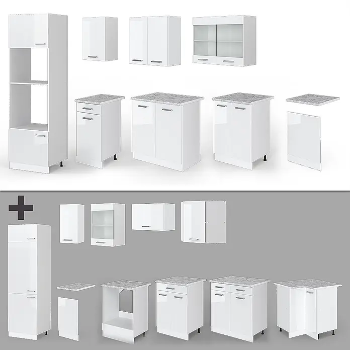 Vicco Küchenzeile R-Line Weiß Hochglanz/Weiß mit Hochschrank, AP Anthrazit - Breite: 300 cm, Weiß Hochglanz, Ohne Elektrogeräte - Modulare weiße Hochglanz-Küchenschränke, teils mit grauer Marmoroptik-Arbeitsplatte. Set aus Wand- und Unterschränken.