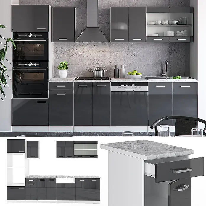 Vicco Küchenzeile R-Line Anthrazit Hochglanz/Weiß mit Hochschrank, AP Anthrazit - Breite: 300 cm, Anthrazit Hochglanz, Ohne Elektrogeräte - Moderne hochglanz dunkelgraue Küchenschrankserie mit integrierten Geräten und Arbeitsplatte in Marmoroptik.