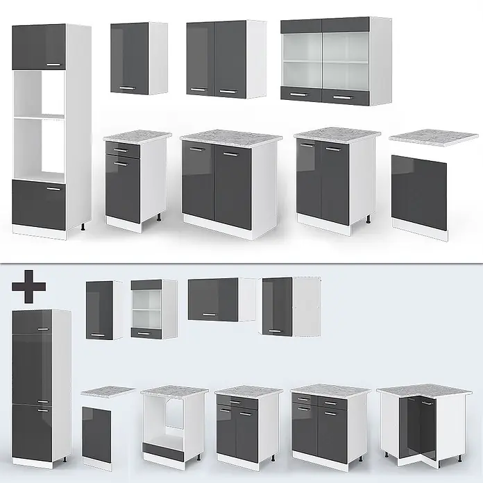 Vicco Küchenzeile R-Line Anthrazit Hochglanz/Weiß mit Hochschrank, AP Anthrazit - Breite: 300 cm, Anthrazit Hochglanz, Ohne Elektrogeräte - Modulare Küchenschrank-Garnitur in Dunkelgrau und Weiß, mit verschiedenen Ober- und Unterschränken, Türen, Schubladen und Arbeitsplatten.
