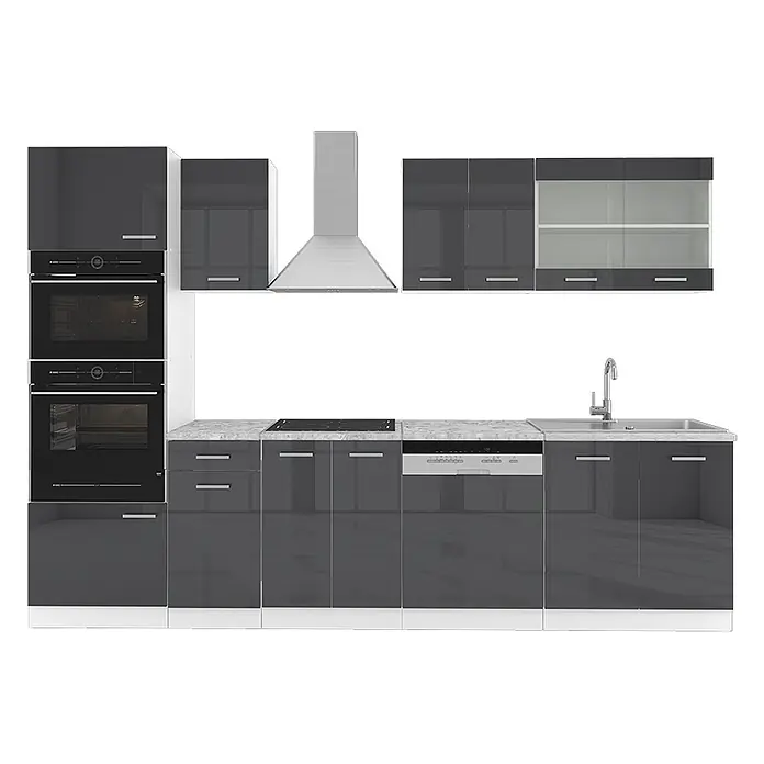 Vicco Küchenzeile R-Line, Anthrazit Hochglanz, 300 cm -  - Moderne hochglanz-dunkelgraue Küchenzeile mit Einbaubacköfen, Kochfeld, Spüle, Geschirrspüler und Edelstahl-Dunstabzugshaube, heller Arbeitsplatte.