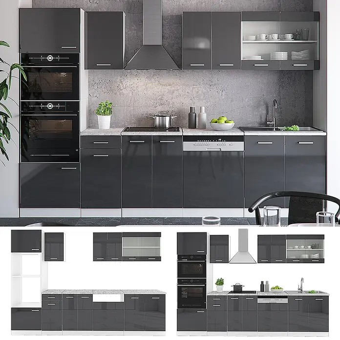 Vicco Küchenzeile R-Line Anthrazit Hochglanz/Weiß mit Hochschrank, AP Anthrazit - Breite: 300 cm, Anthrazit Hochglanz, Ohne Elektrogeräte - Moderne dunkelgraue Hochglanzküche mit integrierten Geräten: Doppelofen, Kochfeld, Dunstabzugshaube, Geschirrspüler vor Betonwand.