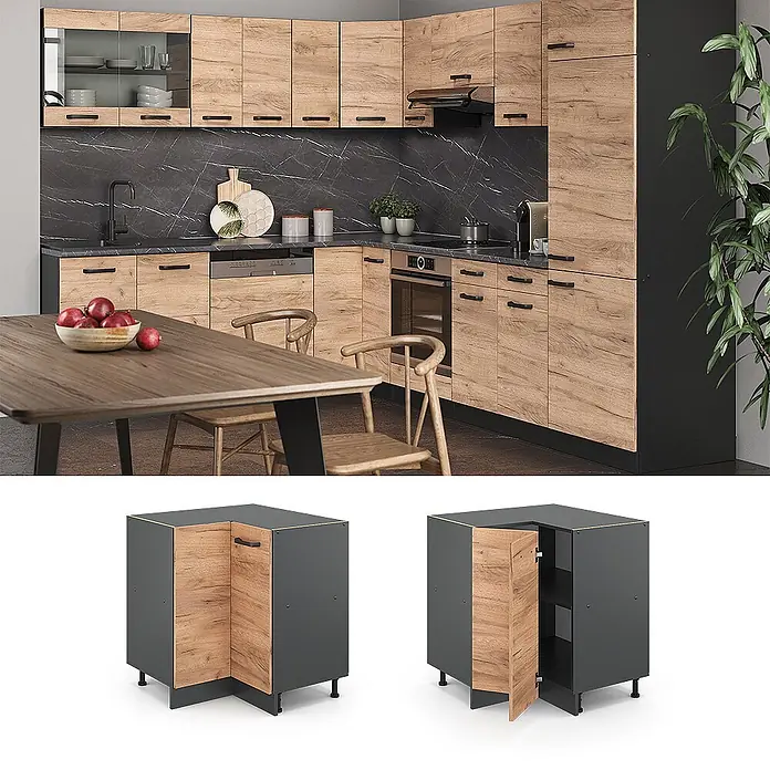 Vicco Schrankküche R-Line Goldkraft Eiche ohne Arbeitsplatte - Goldkraft Eiche, Eckunterschrank - Moderne Küche mit hellen Holz- und dunkelgrauen Schränken, geöffneter und geschlossener Eckunterschrankansicht.