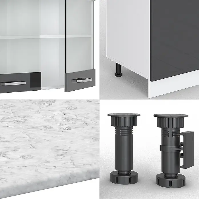 Vicco Küchenzeile R-Line Anthrazit Hochglanz/Weiß mit Hochschrank, AP Anthrazit - Breite: 300 cm, Anthrazit Hochglanz, Ohne Elektrogeräte - Eine Collage weißer Küchenschrankkomponenten: Glastüren, Marmorarbeitsplatte und schwarze verstellbare Füße.