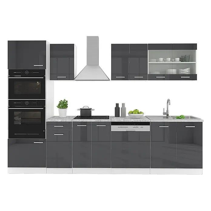 Vicco Küchenzeile R-Line Anthrazit Hochglanz/Weiß mit Hochschrank, AP Anthrazit - Breite: 300 cm, Anthrazit Hochglanz, Ohne Elektrogeräte - Moderne dunkelgraue Hochglanz-Küchenzeile mit integriertem Backofen, Mikrowelle, Kochfeld, Geschirrspüler, Spüle und Dunstabzugshaube.