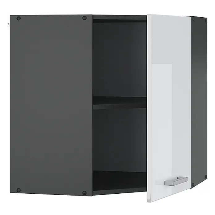 Vicco Schrankküche R-Line Weiß Hochglanz - Weiß Hochglanz, Eckhängeschrank 57 cm - Zweitüriger Hängeschrank mit einer dunkelgrauen und einer weißen Tür, Silbergriff und offenem Ablagefach.
