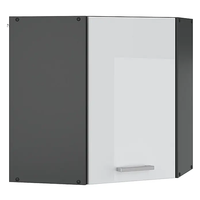 Vicco Schrankküche R-Line Weiß Hochglanz - Weiß Hochglanz, Eckhängeschrank 57 cm - Anthrazitfarbener Küchen-Eckhängeschrank mit weißer Tür und silbernem Griff.