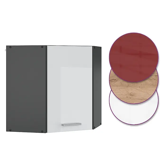 Vicco Schrankküche R-Line Weiß Hochglanz - Weiß Hochglanz, Eckhängeschrank 57 cm - Dunkelgrauer Wandschrank mit glänzend weißer Tür und Griff. Farbmuster zeigen alternative rote, Holz- und weiße Türfronten.