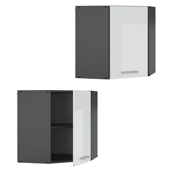 Vicco Schrankküche R-Line Weiß Hochglanz - Weiß Hochglanz, Eckhängeschrank 57 cm - Dunkelgrauer Eckwandschrank mit weißer Hochglanztür und Griff. Eine Ansicht zeigt die offene Tür und ein Innenregal.