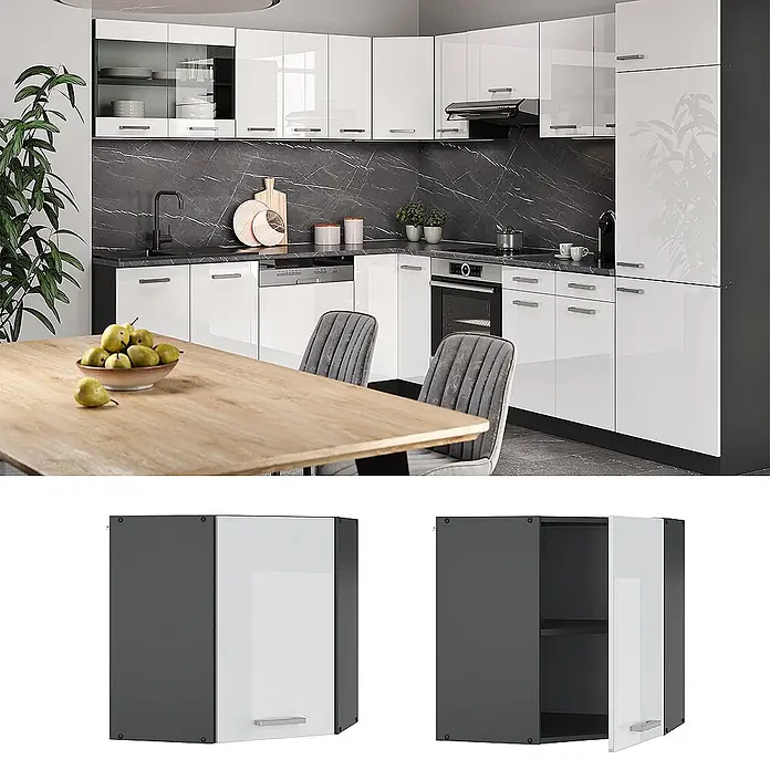 Vicco Schrankküche R-Line Weiß Hochglanz - Weiß Hochglanz, Eckhängeschrank 57 cm - Weißglänzender Küchenwandschrank mit dunkelgrauen Seiten und silbernem Griff, geschlossen und offen mit einem Einlegeboden.