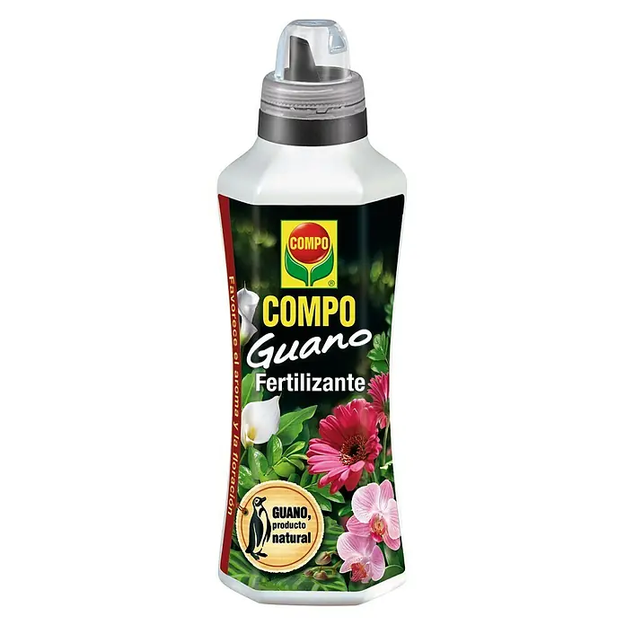Compo Fertilizante universal Guano líquido - 500 ml - Imagen de una botella de fertilizante líquido COMPO Guano, un producto natural para promover el aroma y la floración en el jardín.