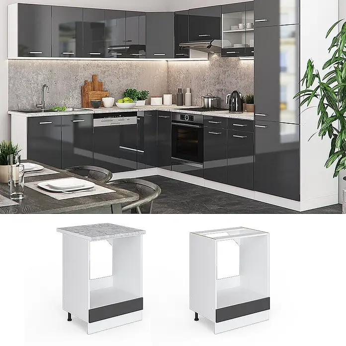 Vicco Schrankküche R-Line Anthrazit Hochglanz ohne Arbeitsplatte - Anthrazit Hochglanz, Herdumbauschrank 60 cm - Moderne Küche mit dunkelgrauen Hochglanzschränken, weißen Elementen und integrierten Geräten. Modulare weiße Unterschränke sind ebenfalls abgebildet.