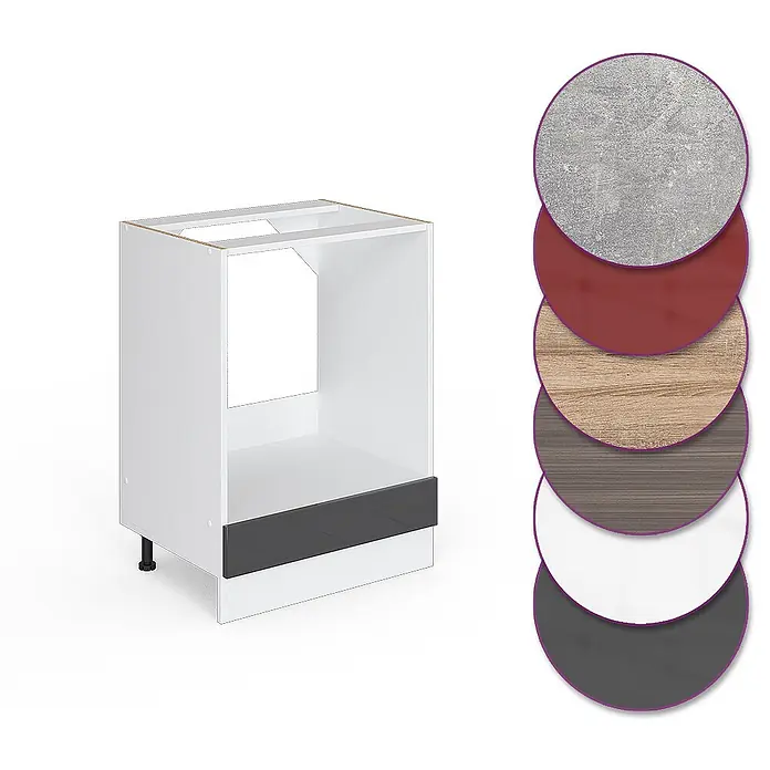 Vicco Schrankküche R-Line Anthrazit Hochglanz ohne Arbeitsplatte - Anthrazit Hochglanz, Herdumbauschrank 60 cm - Weißer Unterschrank mit dunkelgrauer Sockelblende und Materialmustern. Für Einbauöfen oder -geräte.
