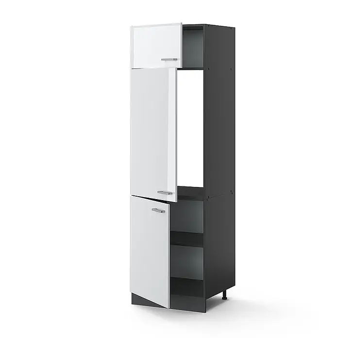 Vicco Schrankküche R-Line Weiß Hochglanz - Weiß Hochglanz, Kühlumbauschrank 60 cm - Hoher, dunkelgrauer Vorratsschrank mit drei weißen Türen, alle offen. Mit offenem Mittelteil und Innenregalen.