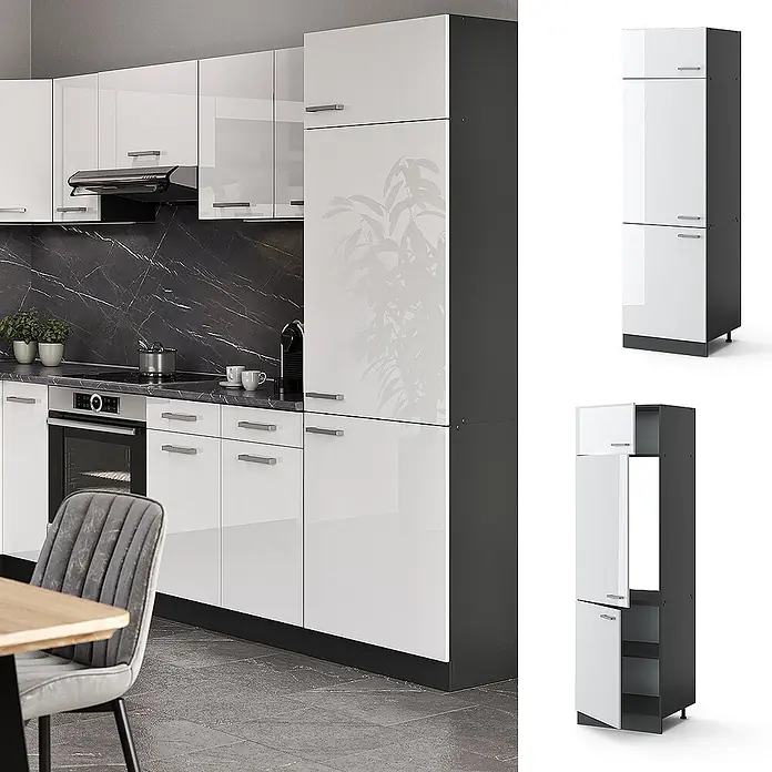 Vicco Schrankküche R-Line Weiß Hochglanz - Weiß Hochglanz, Kühlumbauschrank 60 cm - Moderne Küche mit glänzend weißen Fronten, dunkelgrauen Elementen und dunkler Arbeitsplatte. Mit Unter-, Ober- und Hochschränken.