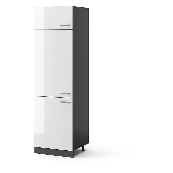 Vicco Schrankküche R-Line Weiß Hochglanz - Weiß Hochglanz, Kühlumbauschrank 60 cm - Hoher modularer Schrank mit glänzenden weißen Türen und dunkelgrauen Seiten, mit silbernen Griffen.