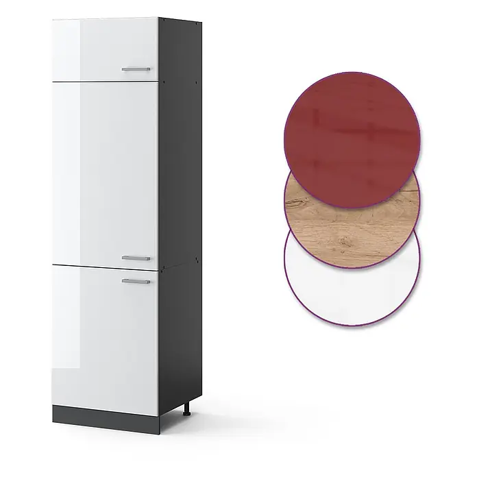 Vicco Schrankküche R-Line Weiß Hochglanz - Weiß Hochglanz, Kühlumbauschrank 60 cm - Hoher weißer Hochglanzschrank mit dunkelgrauem Rahmen und Griffen. Verfügbar in Rot, Holz und Weiß, dargestellt durch Farbmuster.