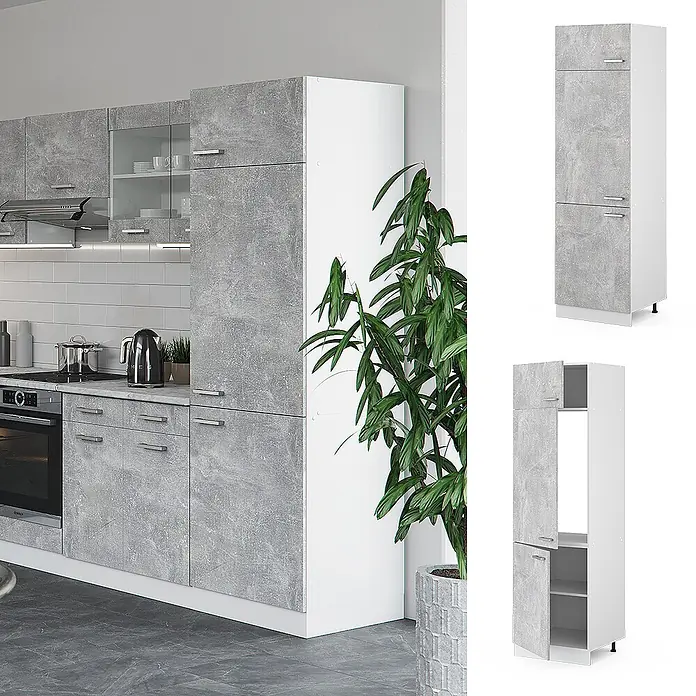 Vicco Schrankküche R-Line Beton - Beton, Kühlumbauschrank 60 cm - Moderne Küchenschränke in Betonoptik, mit hohen, unteren und oberen Schränken, in einer modernen Küche.