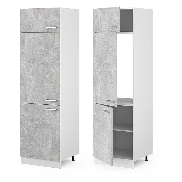 Vicco Schrankküche R-Line Beton - Beton, Kühlumbauschrank 60 cm - Hoher Küchenschrank mit weißem Korpus und grauen Türen in Steinoptik, geschlossen und offen mit Regalen und Fächern gezeigt.