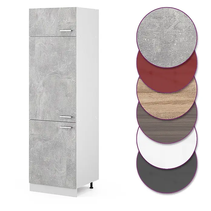 Vicco Schrankküche R-Line Beton - Beton, Kühlumbauschrank 60 cm - Hochschrank mit grauen Betonoptik-Türen und weißem Korpus, zeigt Farbmuster.