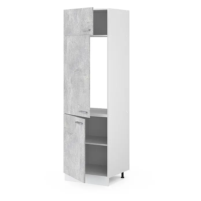 Vicco Schrankküche R-Line Beton - Beton, Kühlumbauschrank 60 cm - Weißer hoher Küchenschrank mit grauen Betonoptik-Türen, teils offen, zeigt Regale und ein offenes Fach.
