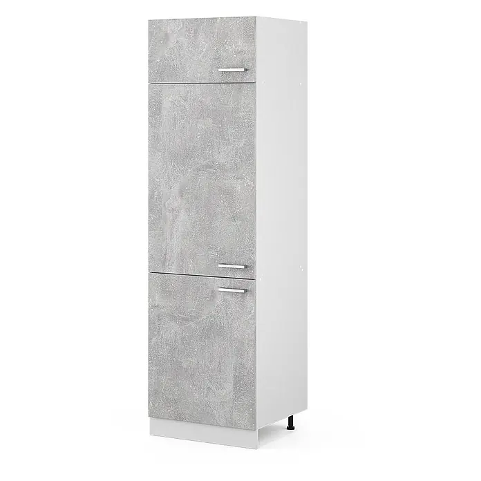 Vicco Schrankküche R-Line Beton - Beton, Kühlumbauschrank 60 cm - Hoher Schrank mit grauen Betonoptik-Fronten, weißen Seiten und silbernen Griffen.