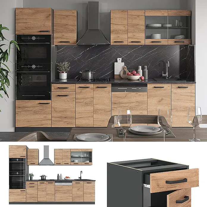 Vicco Küchenzeile R-Line, Goldkraft Eiche, 300 cm -  - Moderne Küchenzeile mit hellen Holzfronten, schwarzen Arbeitsplatten und integrierten Geräten.