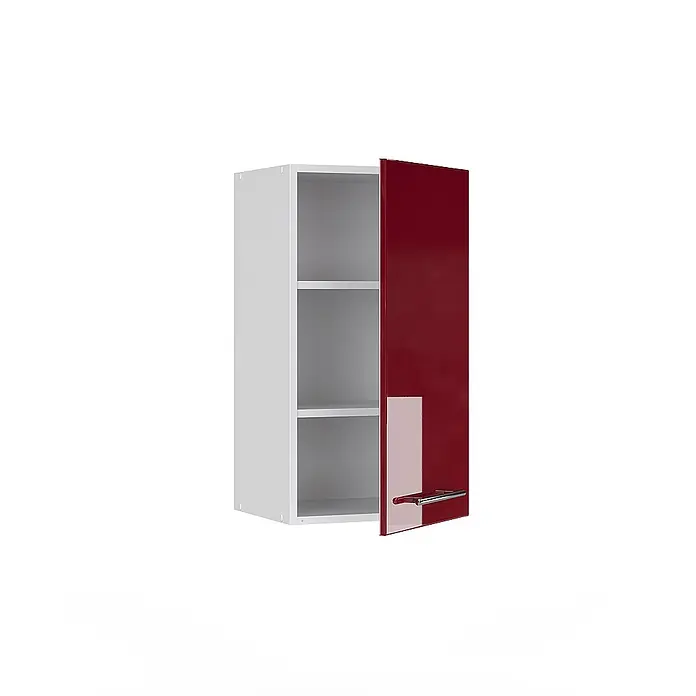 Vicco Schrankküche Fame-Line Bordeaux Hochglanz - Bordeaux Hochglanz, Hängeschrank 40 cm - Weißer Wandschrank mit glänzender roter Tür, leicht geöffnet, zeigt Innenfächer und silbernen Griff.