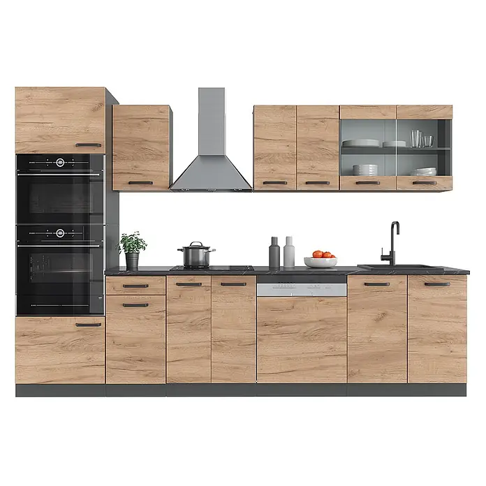 Vicco Küchenzeile R-Line, Goldkraft Eiche, 300 cm -  - Moderne Küche mit Holzdekorfronten, schwarzen Arbeitsplatten und integrierten Geräten.