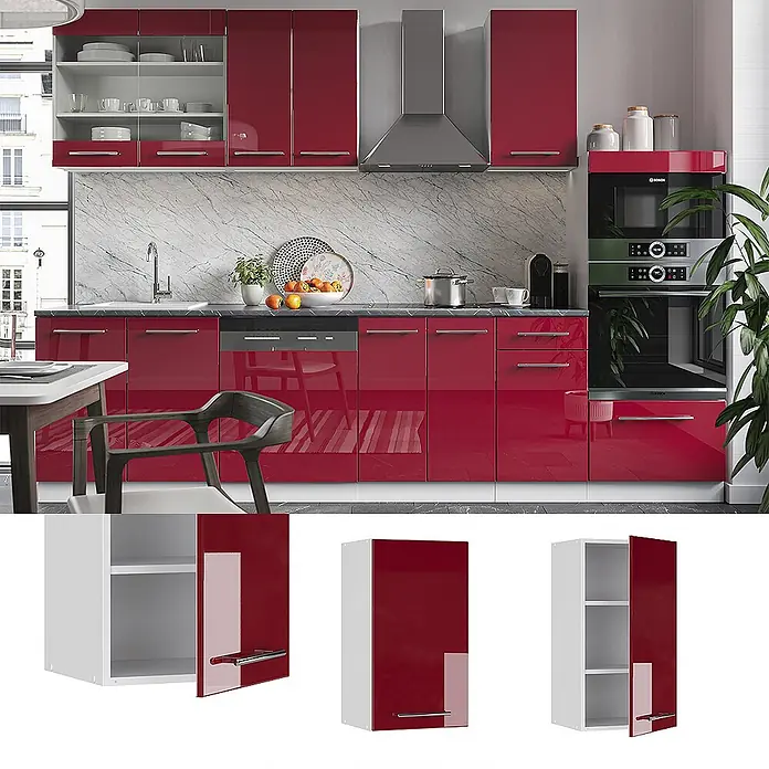 Vicco Schrankküche Fame-Line Bordeaux Hochglanz - Bordeaux Hochglanz, Hängeschrank 40 cm - Moderne Küche mit hochglänzenden roten Schränken, integrierten Geräten und einer Marmorrückwand.