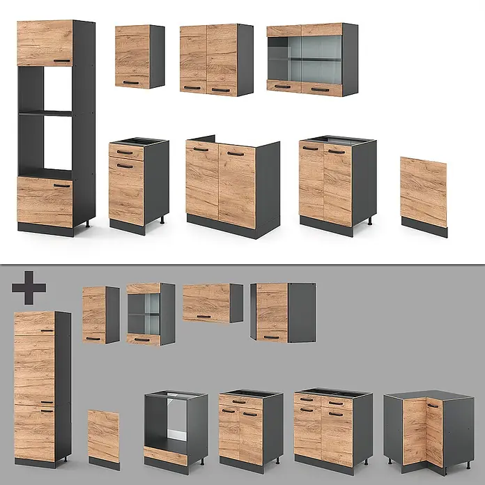 Vicco Küchenzeile R-Line, Goldkraft Eiche, 300 cm -  - Modulares Küchenschrank-Set mit rustikalen Holzfronten und dunkelgrauen Korpusse.