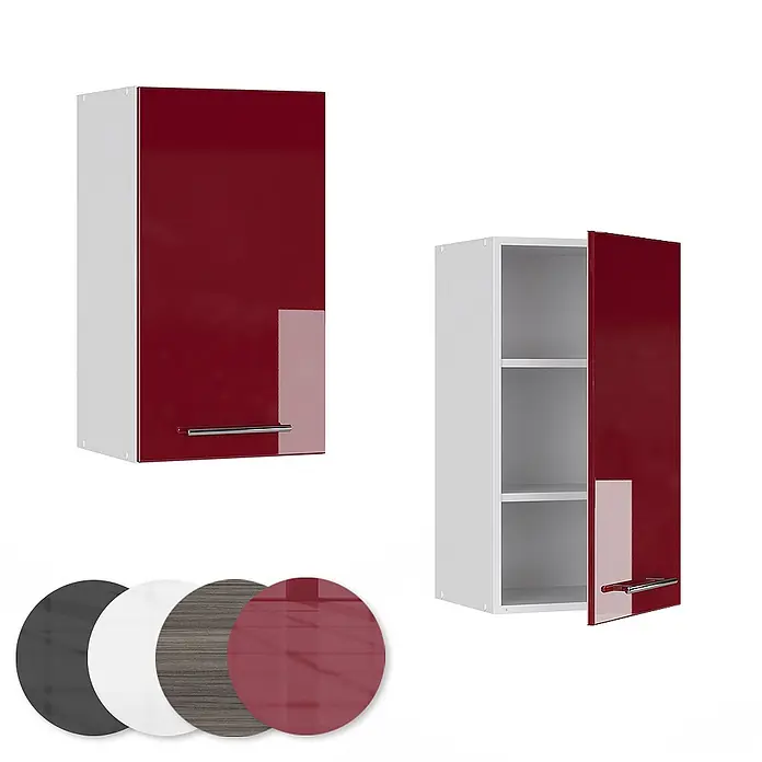 Vicco Schrankküche Fame-Line Bordeaux Hochglanz - Bordeaux Hochglanz, Hängeschrank 40 cm - Zwei hochglänzende rote Küchenhängeschränke, einer offen mit Regalböden, mit Materialmustern darunter.