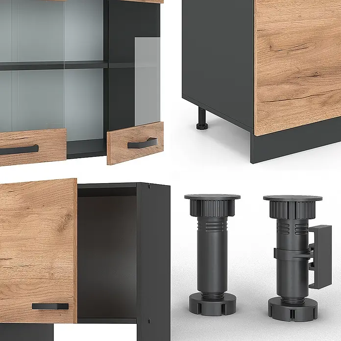 Vicco Küchenzeile R-Line, Goldkraft Eiche, 300 cm -  - Modulares Schrankset in Dunkelgrau und Holzoptik, mit Glastüren, Volltüren und verstellbaren schwarzen Kunststofffüßen.