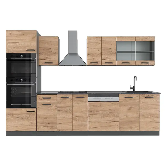 Vicco Küchenzeile R-Line, Goldkraft Eiche, 300 cm -  - Modulare Küche mit hellen Holzfronten, dunklen Arbeitsplatten, Einbauöfen, Kochfeld, Geschirrspüler, Spüle und Dunstabzugshaube.