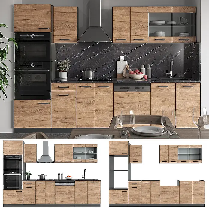 Vicco Küchenzeile R-Line, Goldkraft Eiche, 300 cm -  - Modulare Küchenzeile mit hellen Eichenholz-Effektfronten, schwarzen Arbeitsplatten und integrierten Geräten.
