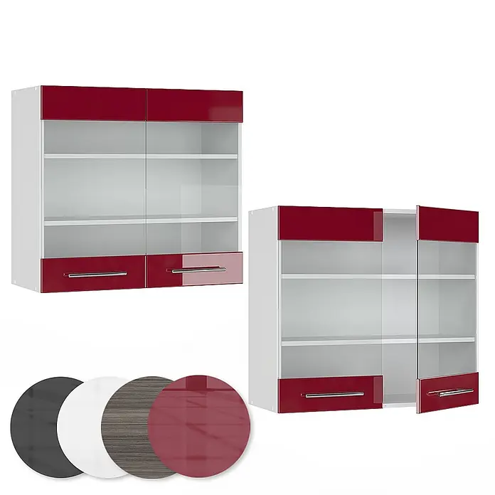 Vicco Schrankküche Fame-Line Bordeaux Hochglanz - Bordeaux Hochglanz, Hängeglasschrank 80 cm - Roter und weißer Wandschrank mit Glastüren und Schubladen, geschlossen und offen gezeigt, mit Farbmustern.