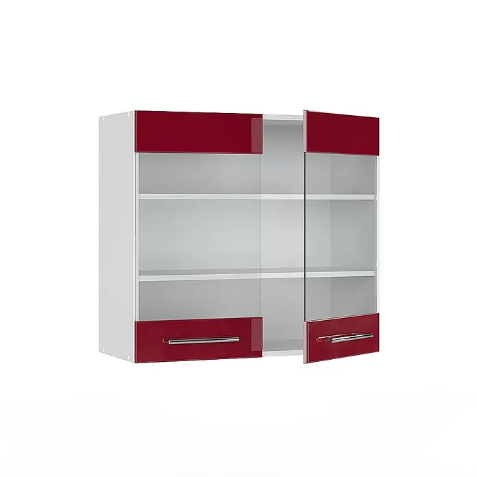 Vicco Schrankküche Fame-Line Bordeaux Hochglanz - Bordeaux Hochglanz, Hängeglasschrank 80 cm - Weißer Wandschrank mit glänzenden roten oberen und unteren Türen und transparenten Glasböden.