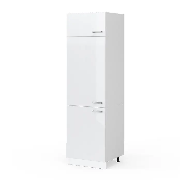 Vicco Schrankküche R-Line Weiß Hochglanz - Weiß Hochglanz, Kühlumbauschrank 60 cm - Hoher weißer Lagerschrank mit mehreren Fächern und silbernen Griffen.
