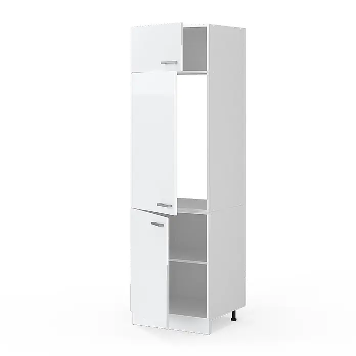 Vicco Schrankküche R-Line Weiß Hochglanz - Weiß Hochglanz, Kühlumbauschrank 60 cm - Weißer hoher Küchenschrank mit mehreren Fächern, teils mit Türen und Griffen, und einem offenen Bereich für ein Gerät.
