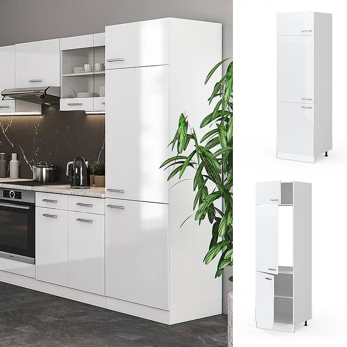 Vicco Schrankküche R-Line Weiß Hochglanz - Weiß Hochglanz, Kühlumbauschrank 60 cm - Moderne weiße Hochglanz-Küchenzeile mit integriertem Backofen, Hochschränken und Wandschränken.