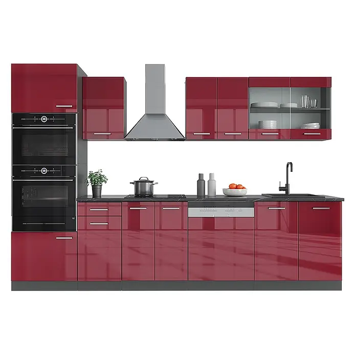 Vicco Küchenzeile R-Line, Rot Hochglanz, 300 cm -  - Moderne hochglanzrote Einbauküche mit schwarzen Geräten: Backöfen, Kochfeld, Spüle, Spülmaschine.
