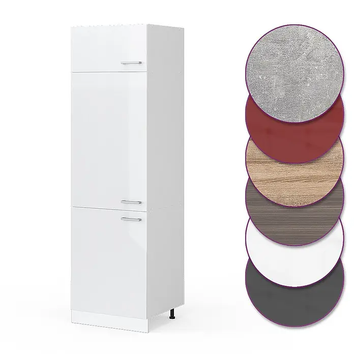 Vicco Schrankküche R-Line Weiß Hochglanz - Weiß Hochglanz, Kühlumbauschrank 60 cm - Hoher weißer Lagerschrank mit silbernen Griffen, zusammen mit sechs runden Material-/Farbmustern.