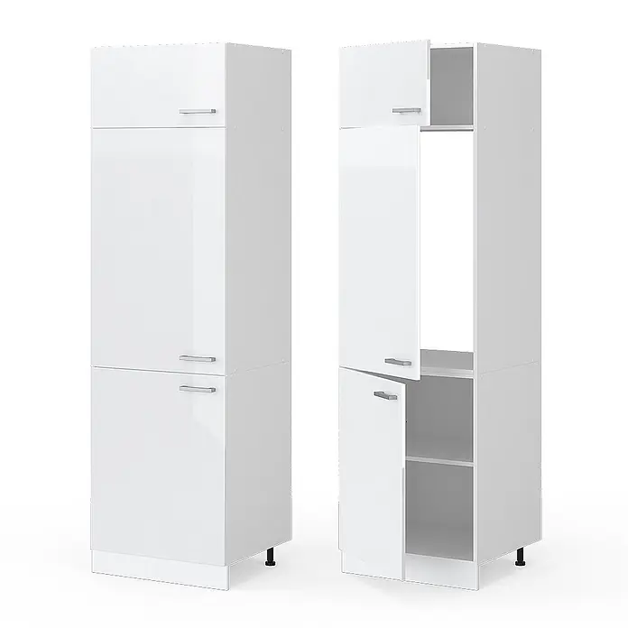 Vicco Schrankküche R-Line Weiß Hochglanz - Weiß Hochglanz, Kühlumbauschrank 60 cm - Zwei hohe, weiße Lagerschränke, einer geschlossen, einer offen mit sichtbaren Fächern.