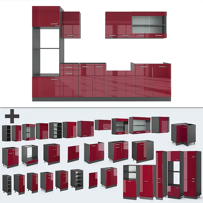 Vicco Küchenzeile R-Line, Rot Hochglanz, 300 cm -  - Modulares Küchenschrank-Set mit hochglänzenden roten Fronten und dunkelgrauen Korpi, zeigt eine montierte Anordnung und Einzelteile.