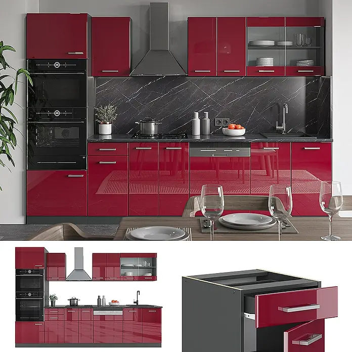 Vicco Küchenzeile R-Line, Rot Hochglanz, 300 cm -  - Moderne rote Hochglanzküche mit dunkler Marmoroptik-Rückwand und Arbeitsplatten, integrierten Öfen und Spüle, in einem Essbereich.