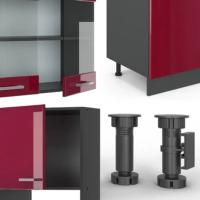 Vicco Küchenzeile R-Line, Rot Hochglanz, 300 cm -  - Rote und dunkelgraue modulare Schrankkomponenten und schwarze verstellbare Kunststoffmöbelfüße.