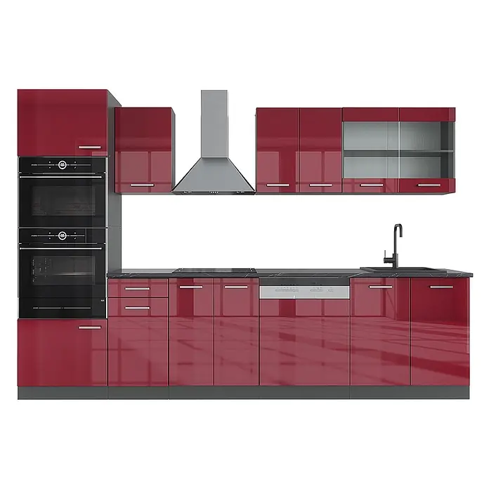 Vicco Küchenzeile R-Line, Rot Hochglanz, 300 cm -  - Moderne hochglanzrote Küche mit integrierten Geräten: Öfen, Kochfeld, Spülmaschine, Spüle, Dunstabzugshaube.